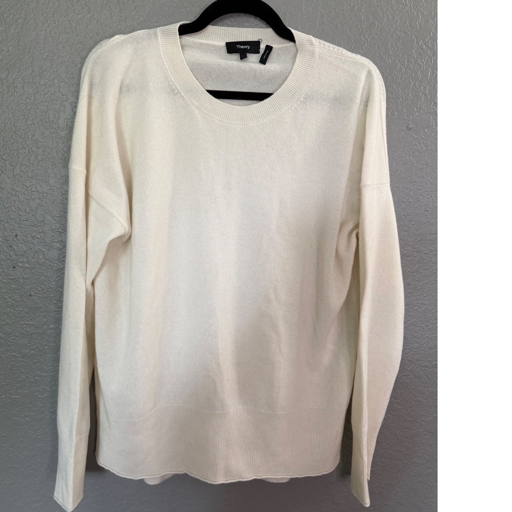 Theory Womens Cream Ivory Long Sleeve Crew Neck Knit Sweater L Relaxed Fit*flaw*